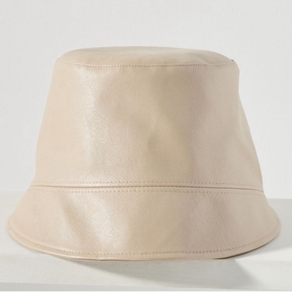 Anthropologie Ivory Faux Leather Asymmetrical Brim Bucket Hat OS NWT